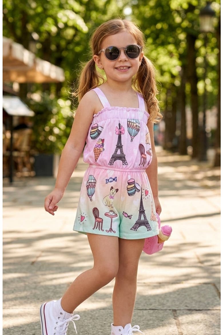 Kids' Paris Theme Romper, Alternate, color, PINK MULTI