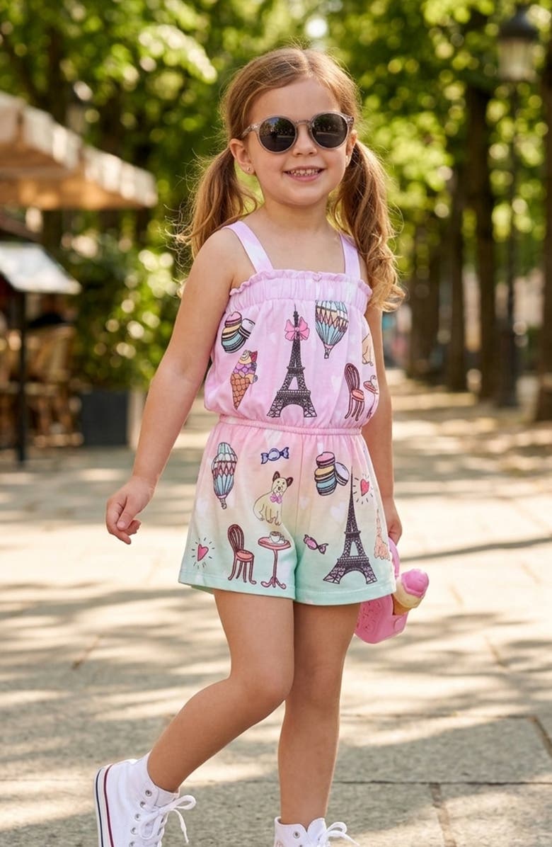 Sara Sara Kids' Paris Theme Romper, Alternate, color, Pink Multi