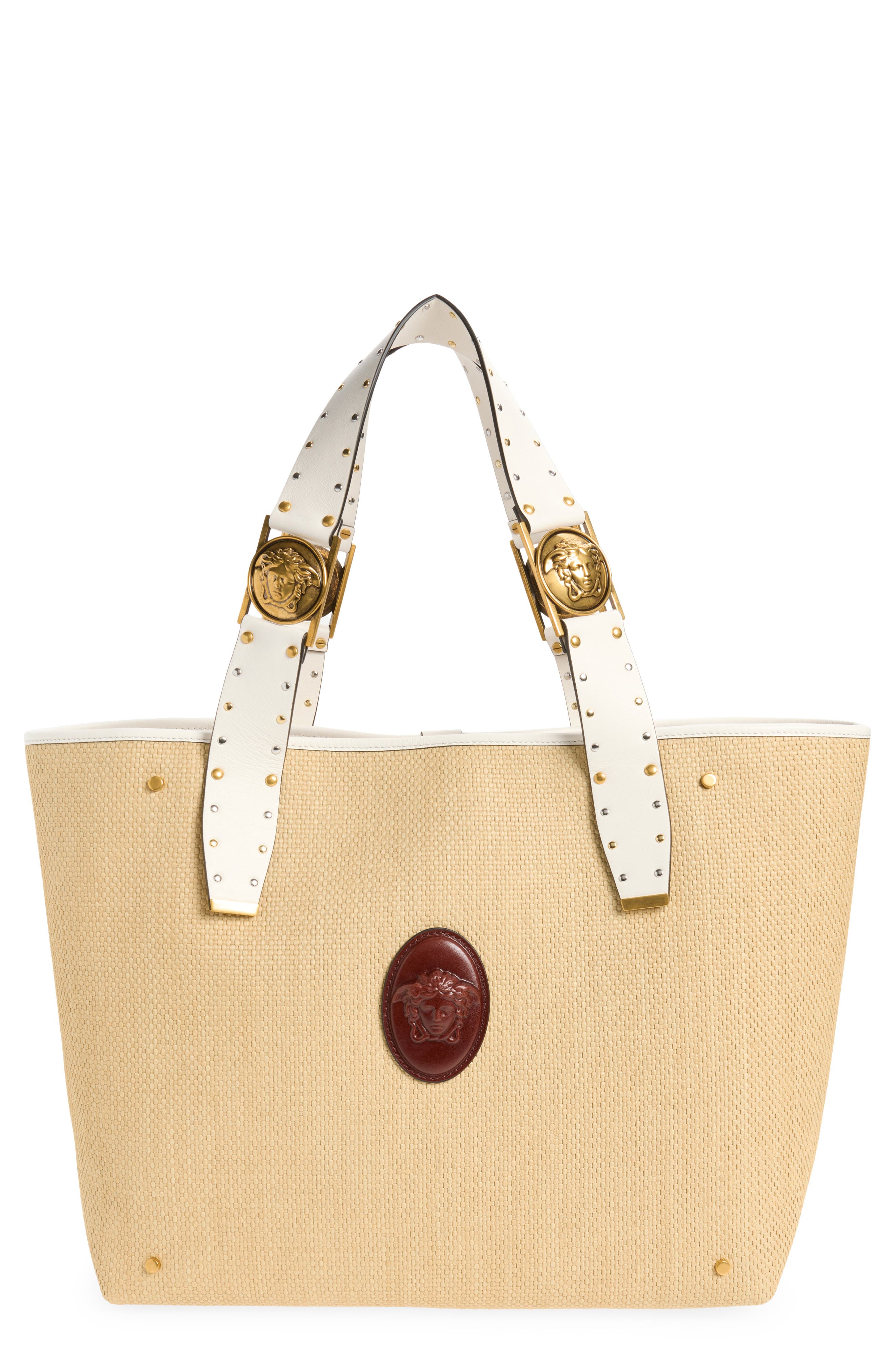Versace Large Rivière Woven Raffia Tote, Main, color, Natural White Rosewood Gold