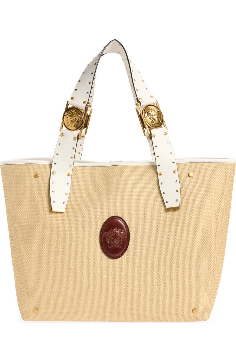 Versace Large Rivière Woven Raffia Tote, Main, color, Natural White Rosewood Gold