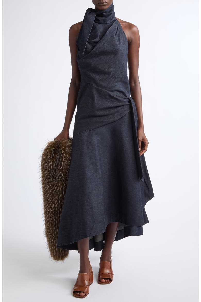 Valiant Draped Denim Halter Dress, Alternate, color, NIGHT SKY
