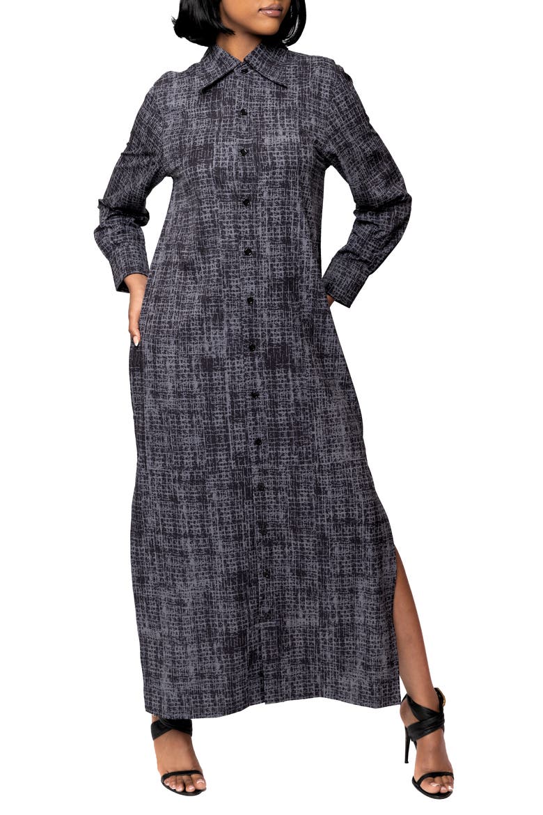 Bali Abstract Print Long Sleeve Double Slit Maxi Shirtdress, Main, color, CHARCOAL