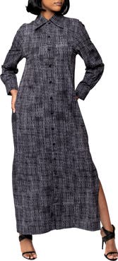 Dai Moda Bali Abstract Print Long Sleeve Double Slit Maxi Shirtdress