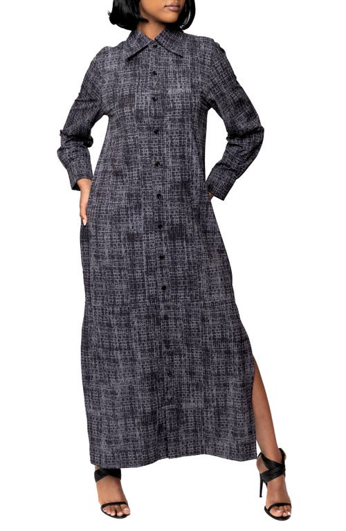 Dai Moda Bali Abstract Print Long Sleeve Double Slit Maxi Shirtdress In Charcoal