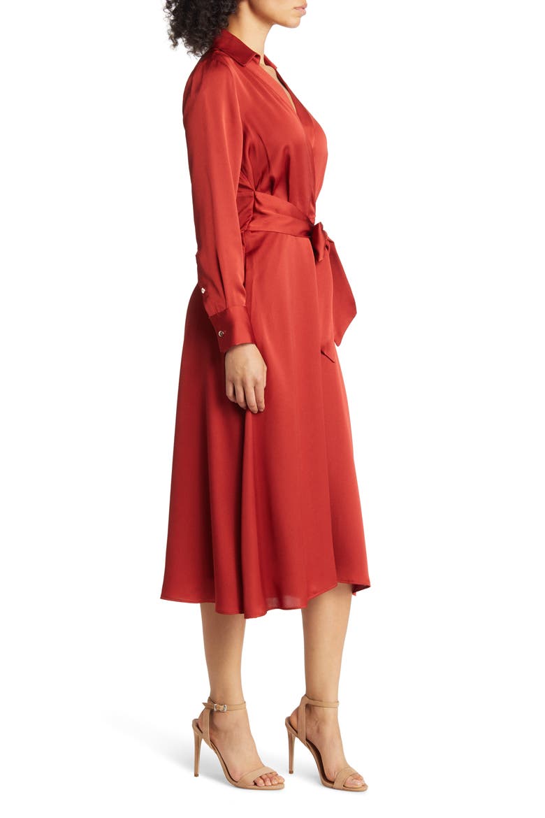 Tie Front Long Sleeve V-Neck Satin Shirtdress, Alternate, color, PAPRIKA