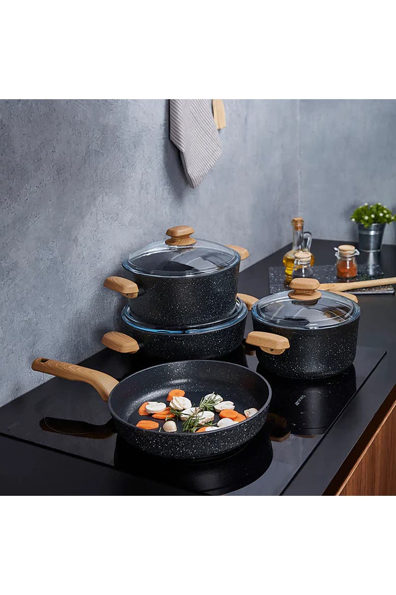 Montana 2 Piece 2 Liter Aluminum Nonstick Saucepan with Lid and Faux Wood Handles, Alternate, color, Black