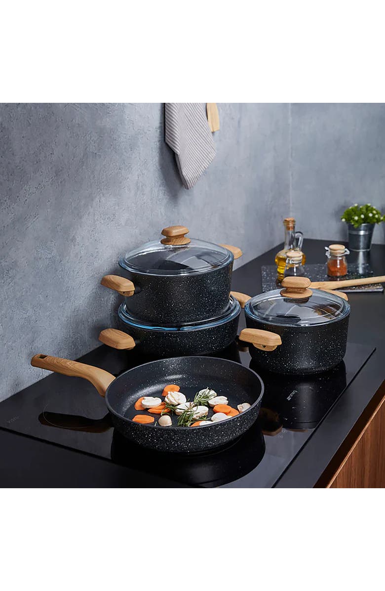 Korkmaz Montana 2 Piece 2 Liter Aluminum Nonstick Saucepan with Lid and Faux Wood Handles, Alternate, color, Black