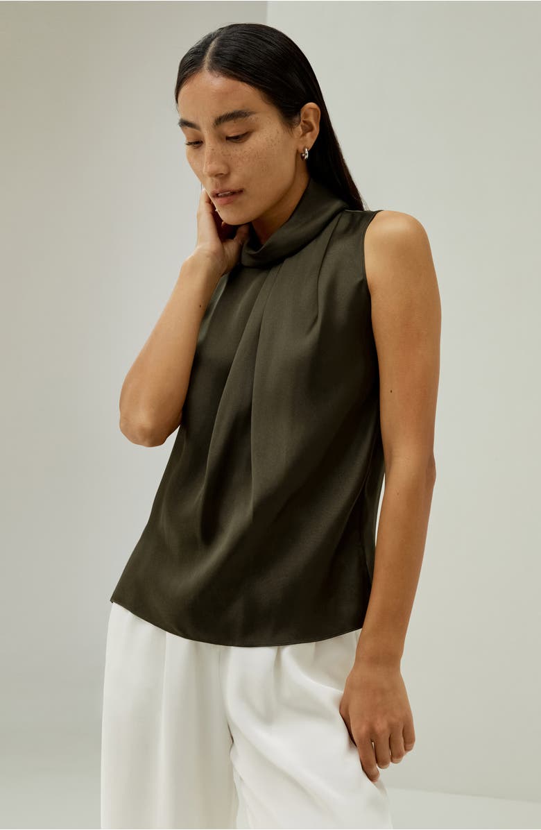 Lilysilk Women's Asymmetrical Sleeveless Cowl Neck Silk Top, Alternate, color, Dark Olive