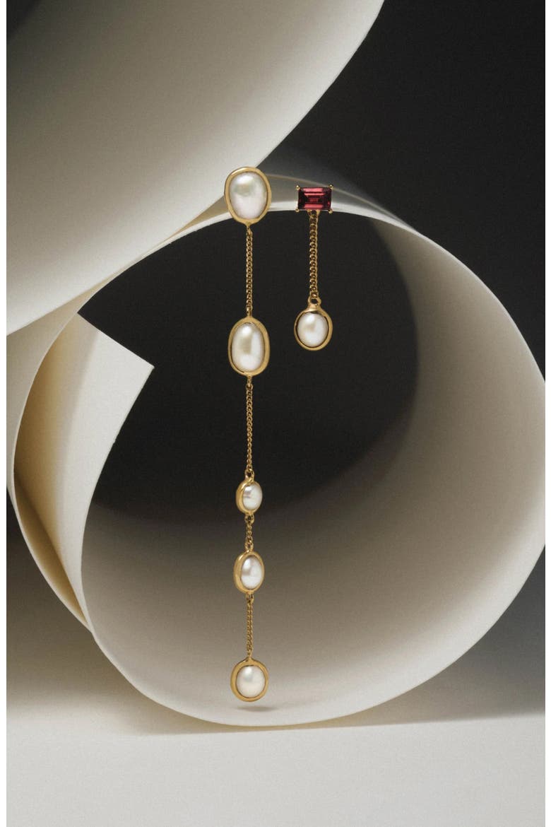 Molten Pearl Asymmetrical Drop Earrings, Alternate, color, METALLIC GOLD