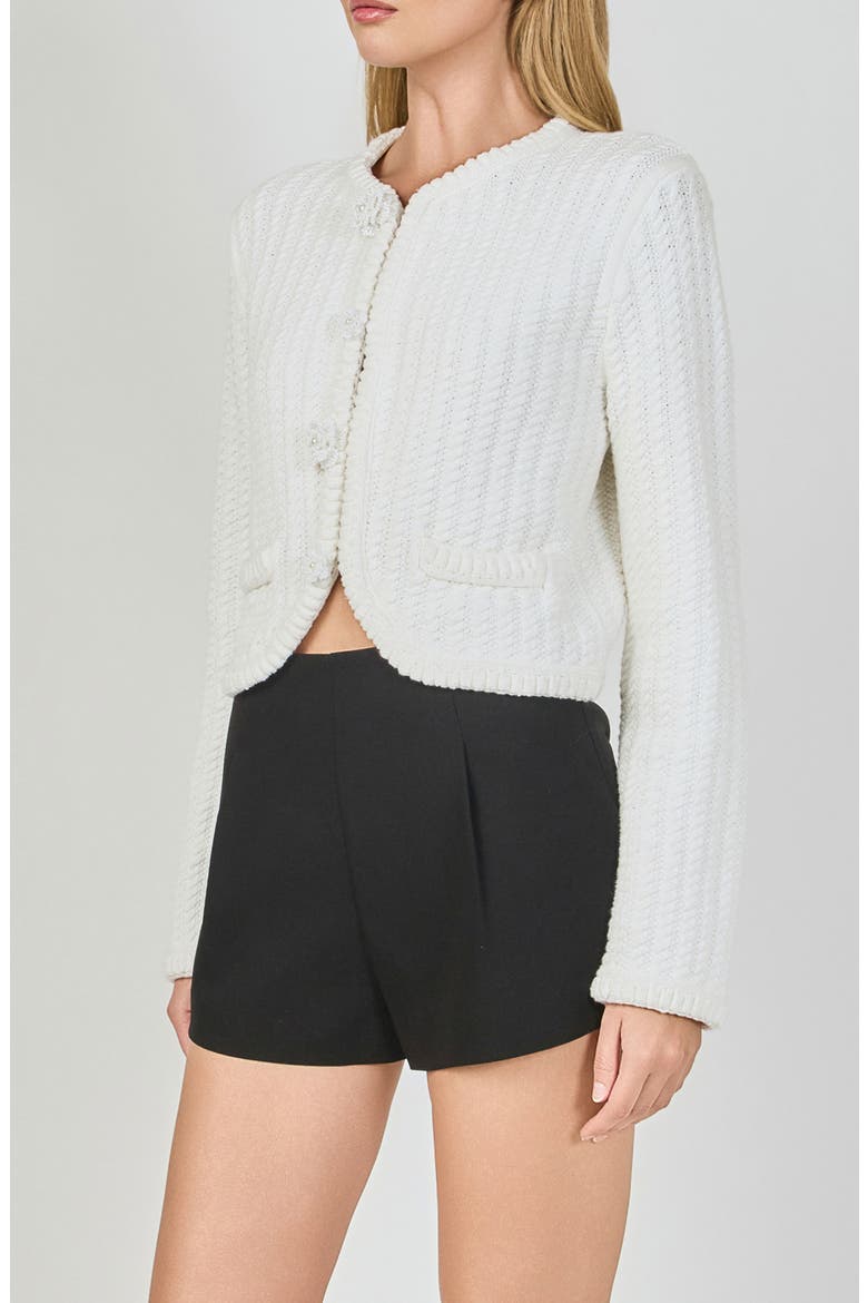 Beaded Flower Embellishment Cable Knit Pointelle Sweater, Alternate, color, WHITE