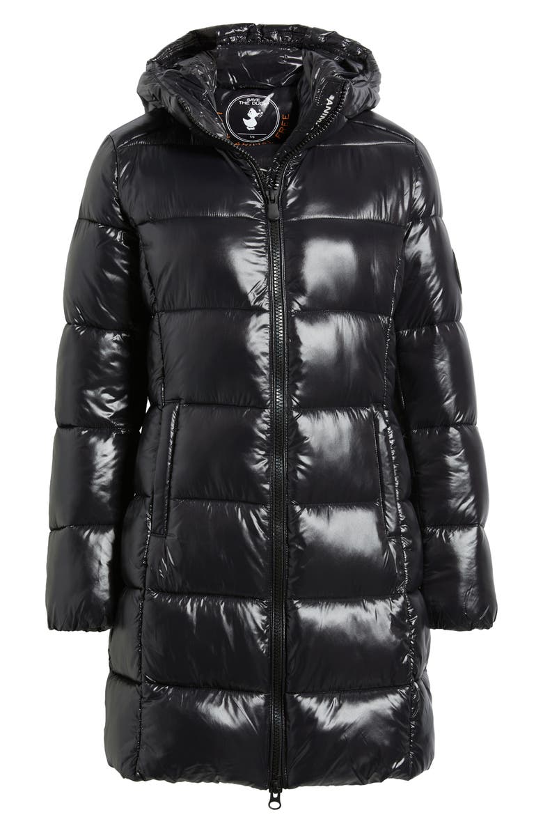 Save The Duck Ines Water Repellent Longline Hooded Puffer Jacket, Alternate, color, Black