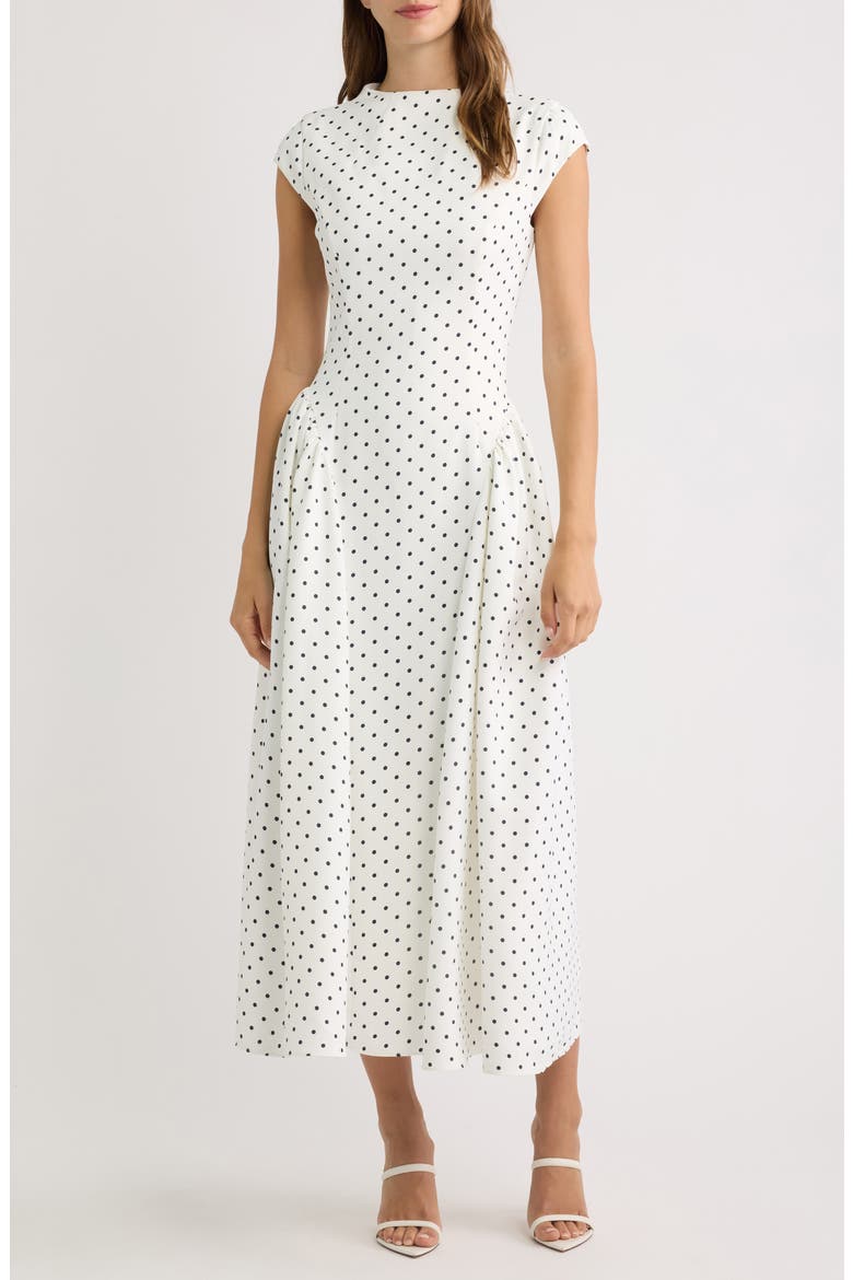 Dot Gathered Midi Dress, Main, color, WHITE POLKA DOT