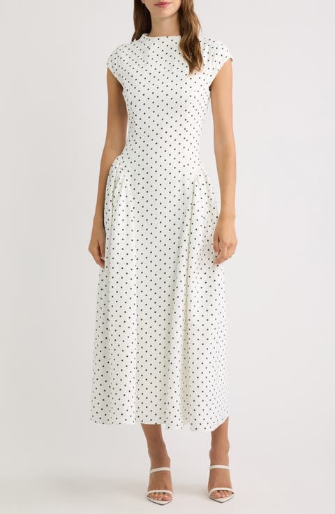 Dot Gathered Midi Dress