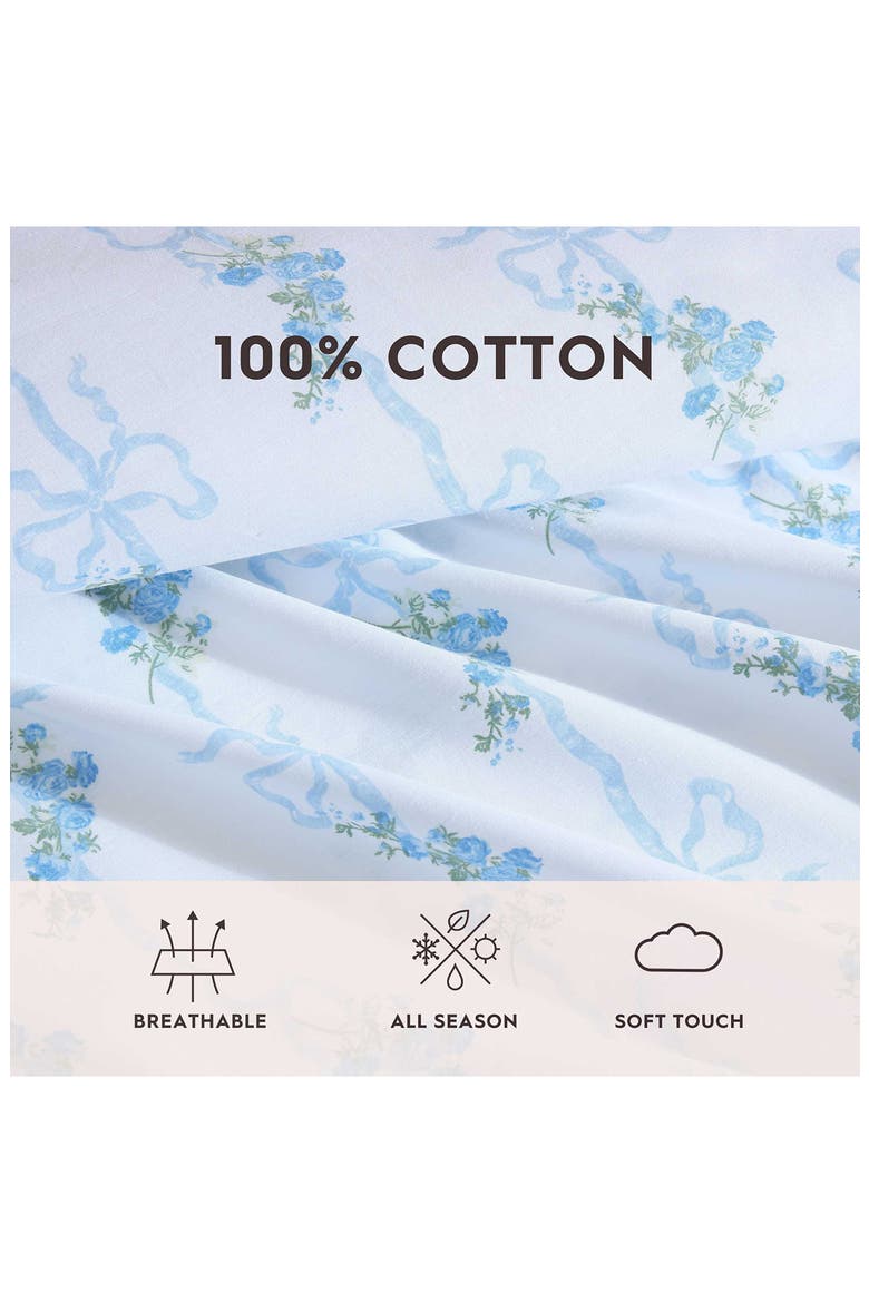 Floral Ribbon 200-Thread Count Cotton Percale Sheet Set, Alternate, color, LIGHT PASTEL BLUE