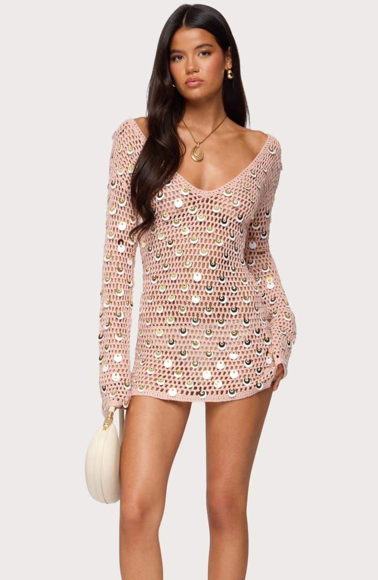 EDIKTED Corea Long Sleeve Sequin Crochet Minidress, Alternate, color, Pink