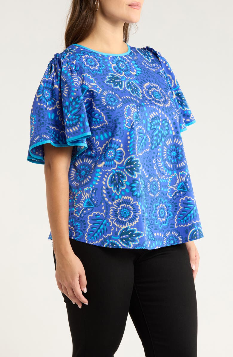 SUGARLIPS Kenner Print Flutter Sleeve Top, Alternate, color, Blue-Cream-Multi