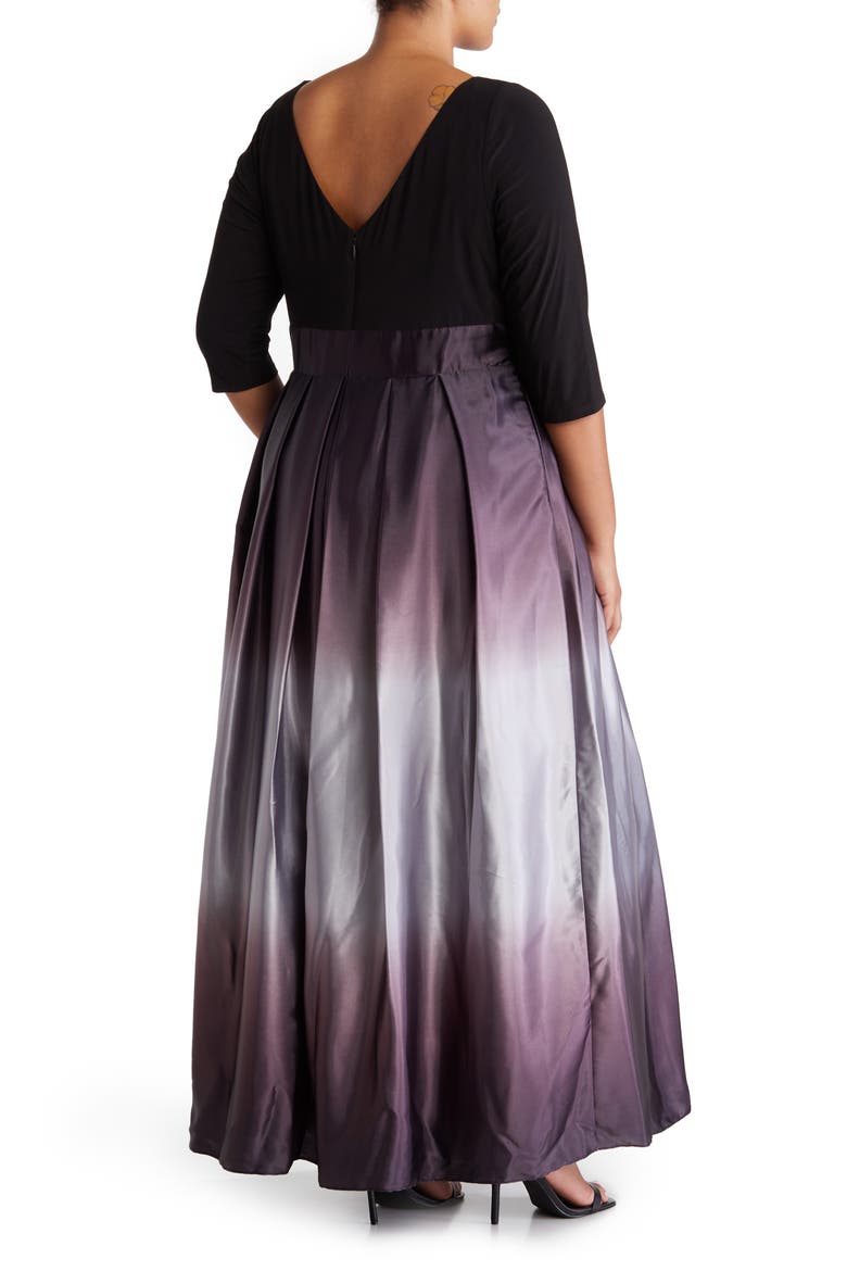Three-Quarter Sleeve Jersey Bodice Ombré Satin A-Line Gown, Alternate, color, BKS