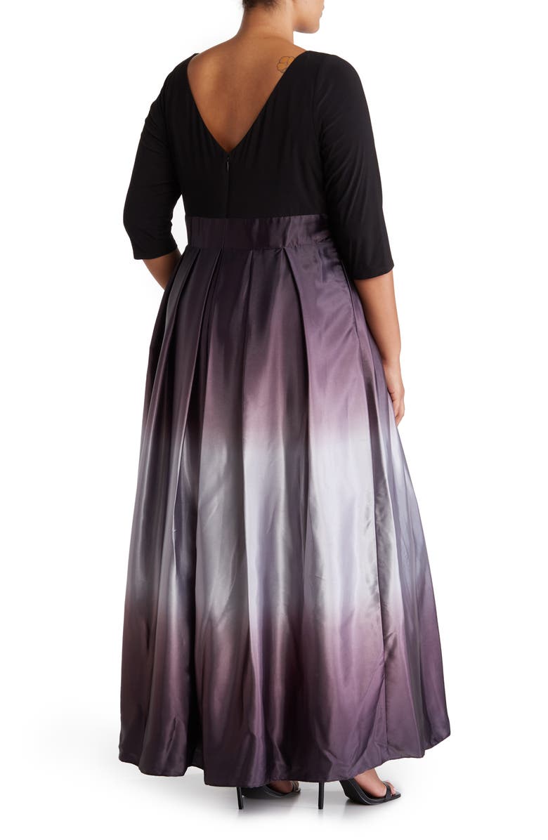 SL FASHIONS Three-Quarter Sleeve Jersey Bodice Ombré Satin A-Line Gown, Alternate, color, Bks