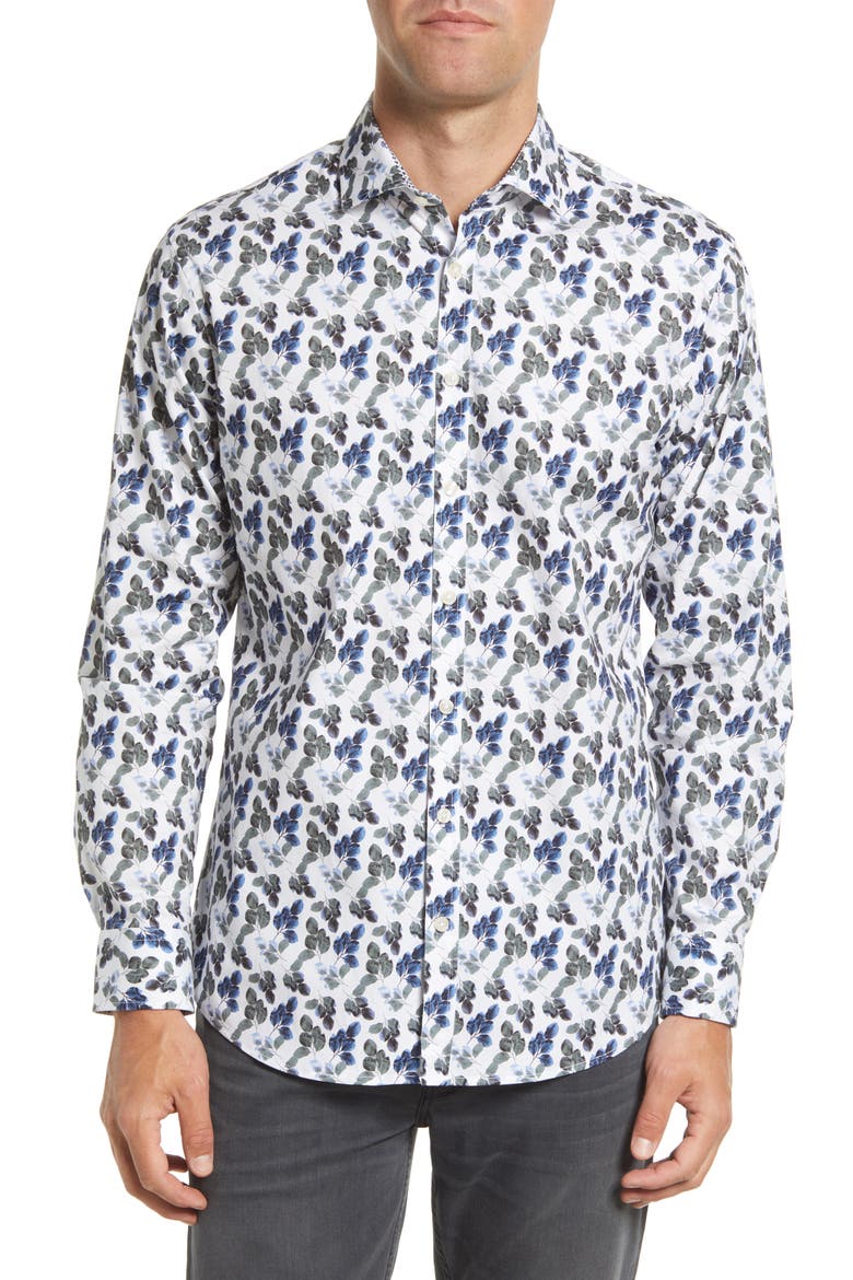 Harold Hi-Flex Stretch Leaf Button-Up Shirt, Main, color, PINE