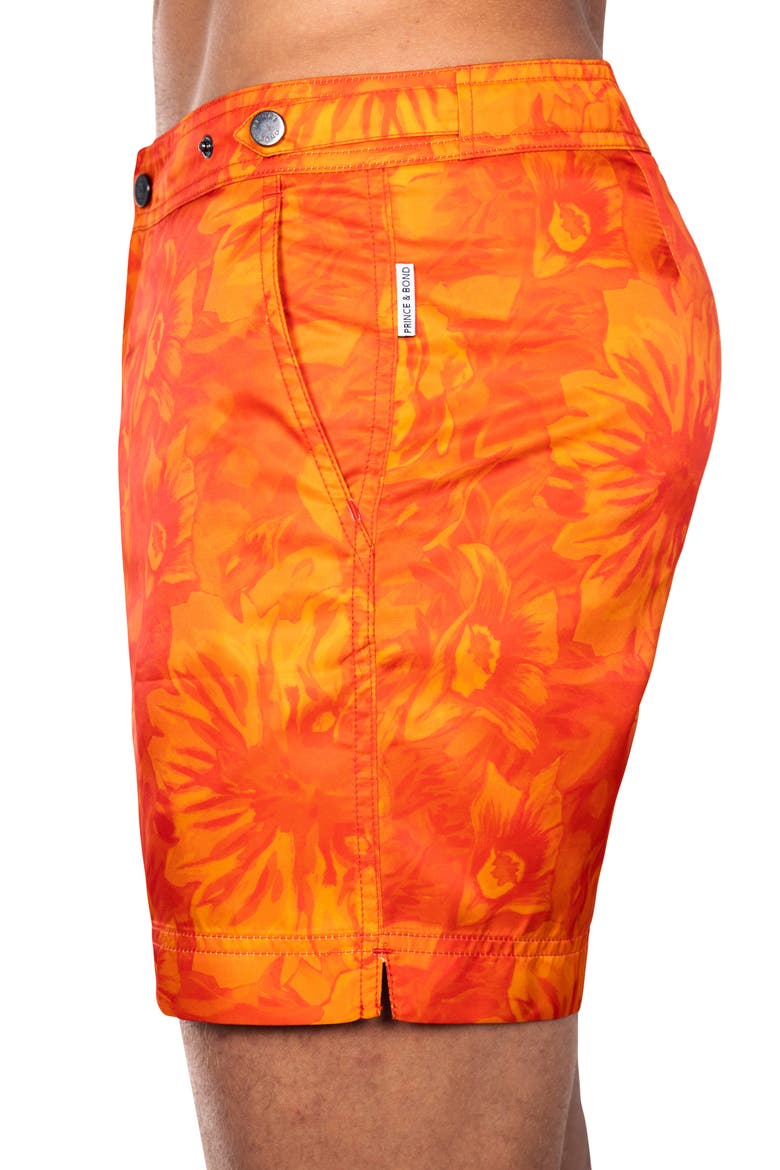 Elvio 5.5" Sunburst Floral Nylon Swim Trunks, Alternate, color, ORANGE