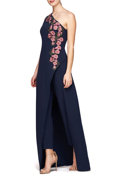 Kay Unger Nadine Floral Embroidered One-shoulder Jumpsuit In Midnight