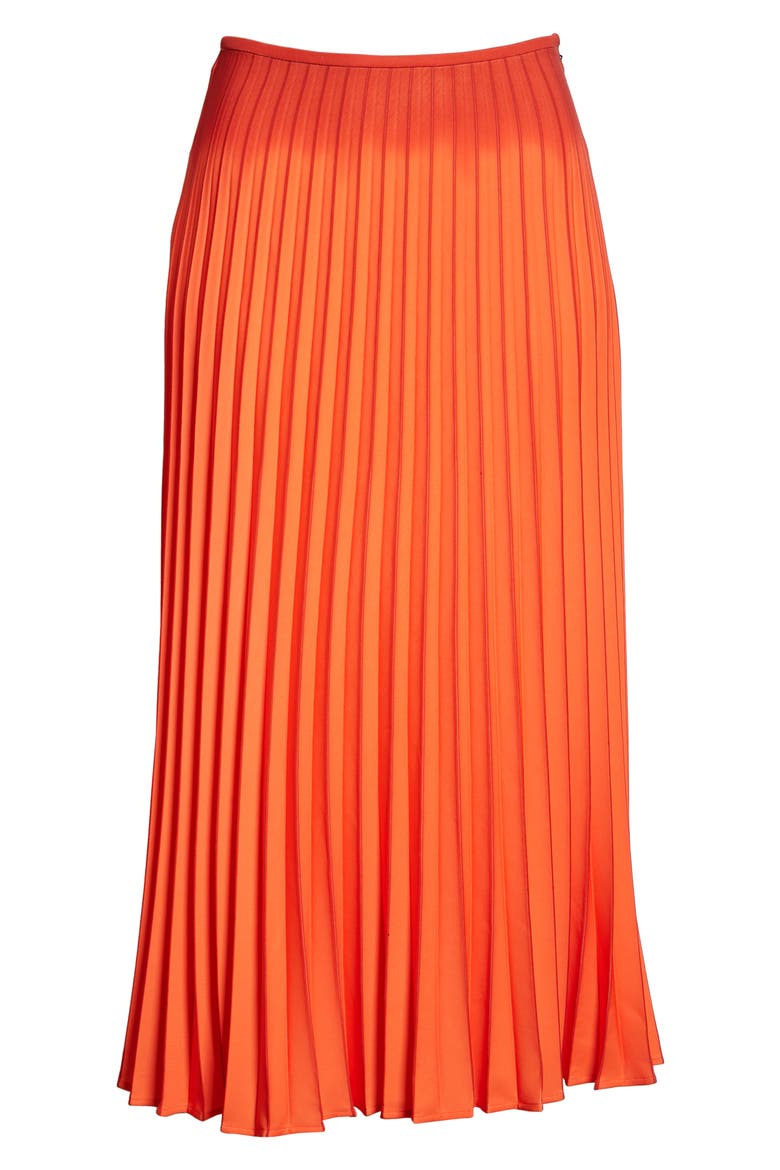 Crepe Pleated Midi Skirt, Alternate, color, BRIGHT ORANGE/ BLACK