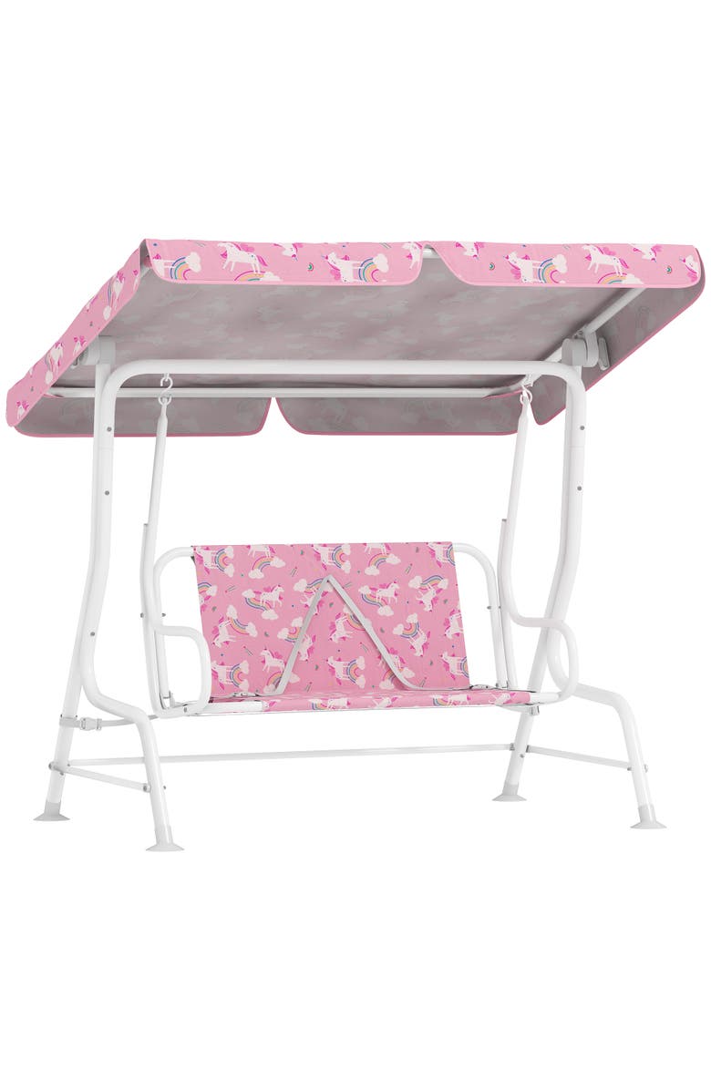 Qaba 2-Seater Kids Porch Swing with Safety Belts and Adjustable Canopy, Alternate, color, Pink