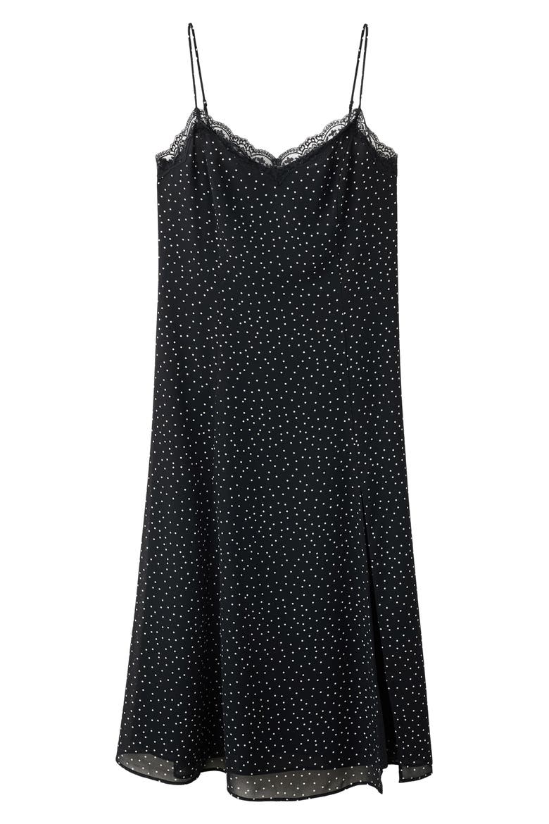 Polka-Dotted Dress with Lace Detail, Main, color, BLACK
