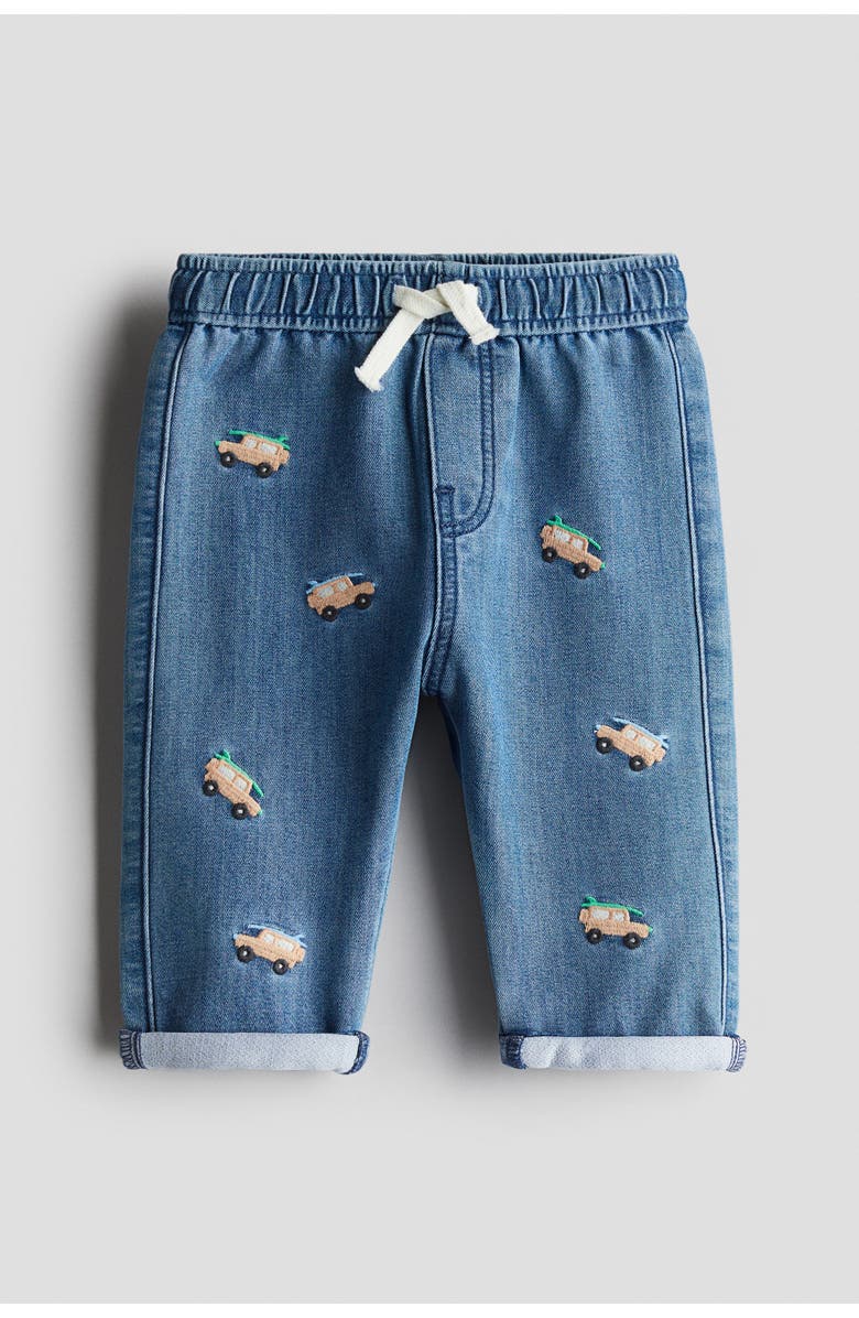 H&M Embroidered-detail denim joggers, Alternate, color, Denim Blue/Cars