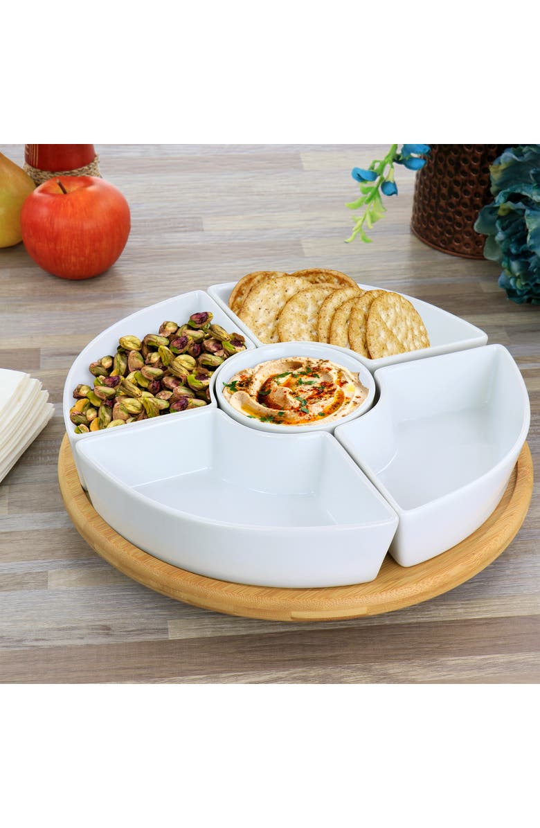Gibson Elite Gracious Dining 6 Piece Tidbit Dish Set with Rotating Wood Base, Alternate, color, White