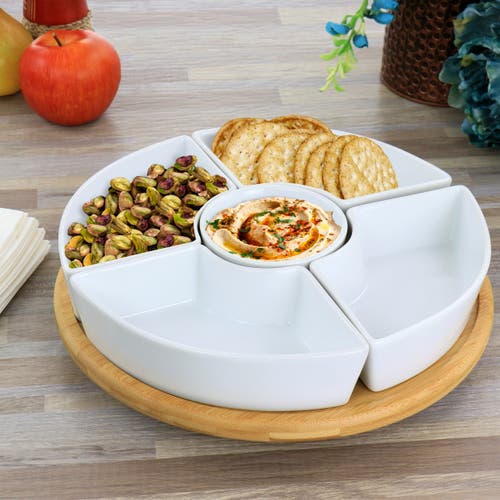 Gibson Elite Gracious Dining 6 Piece Tidbit Dish Set With Rotating Wood Base In White