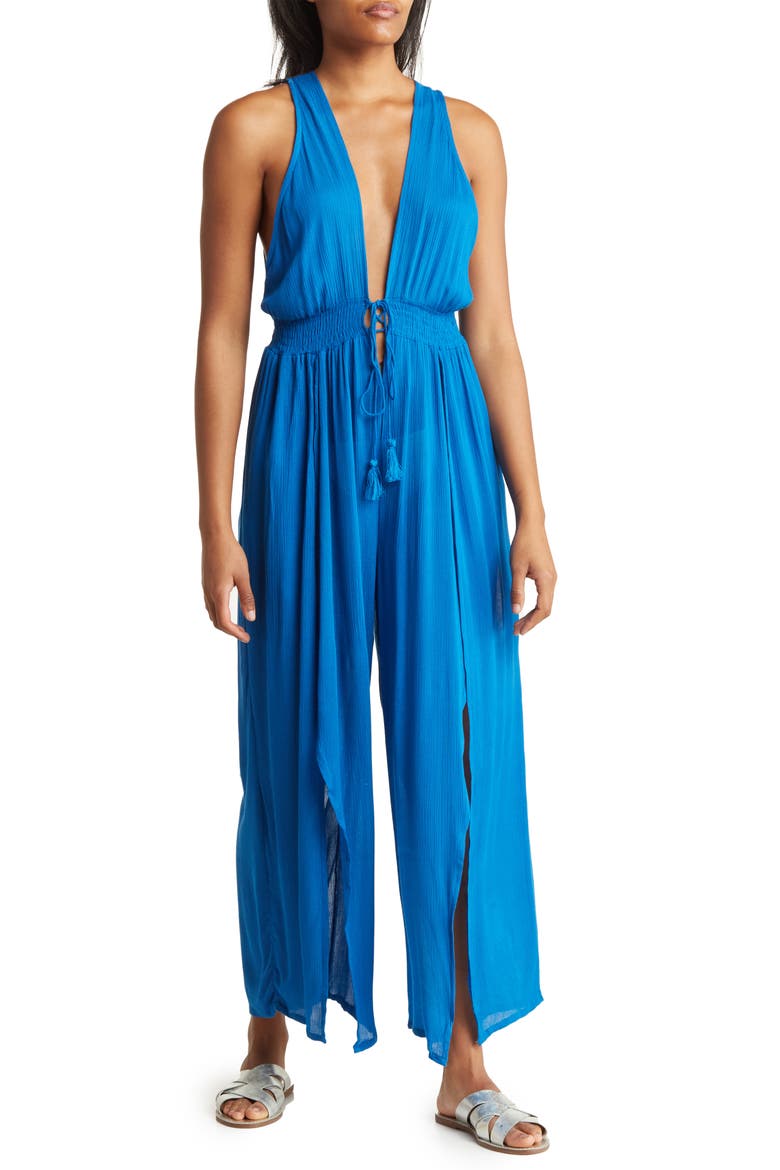 Ruffle Tie Neck Cover-Up Jumpsuit, Main, color, LAPIS BLUE