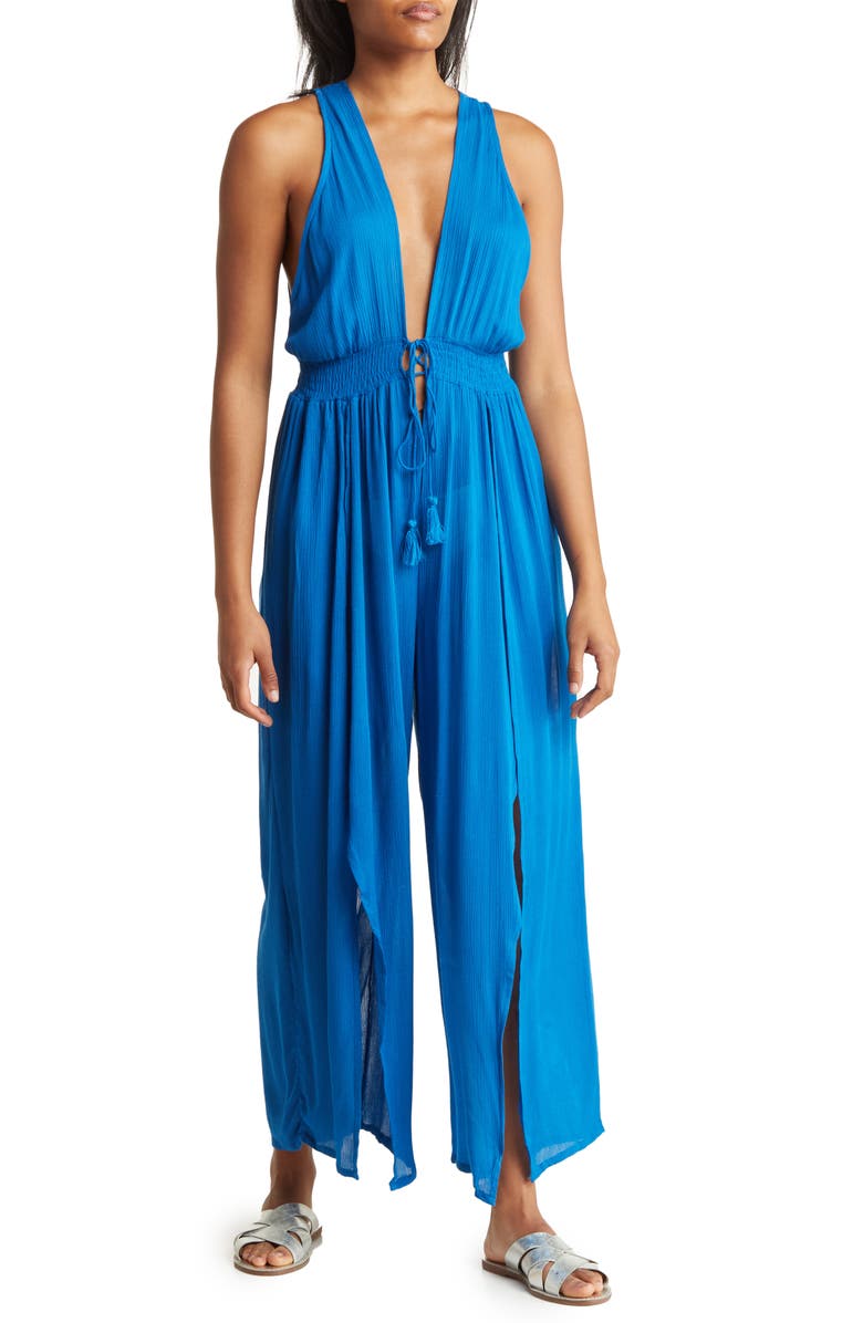 BOHO ME Ruffle Tie Neck Cover-Up Jumpsuit, Main, color, Lapis Blue