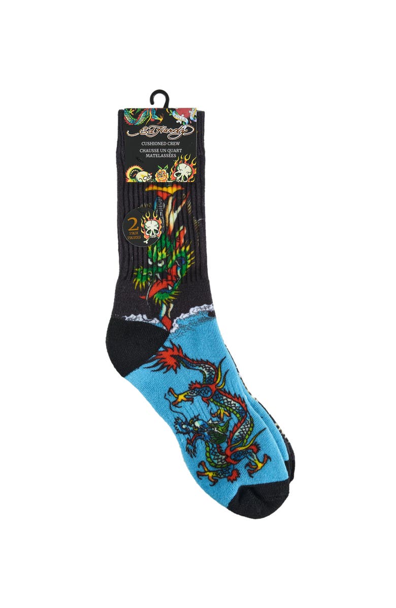 Ed Hardy 360 Print Full Cushion Crew Sock 2-Pack, Alternate, color, Black