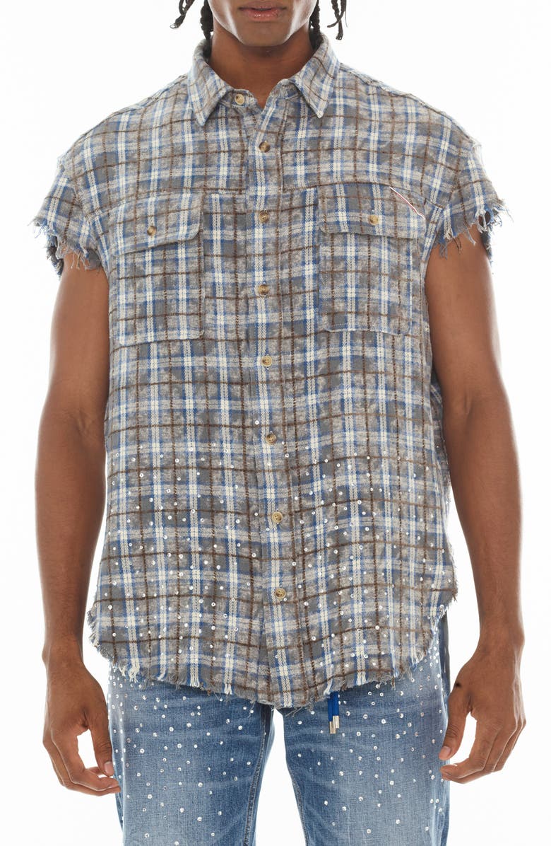 Cult of Individuality Plaid Short Sleeve Cotton Button-Up Shirt, Main, color, Sky Blue