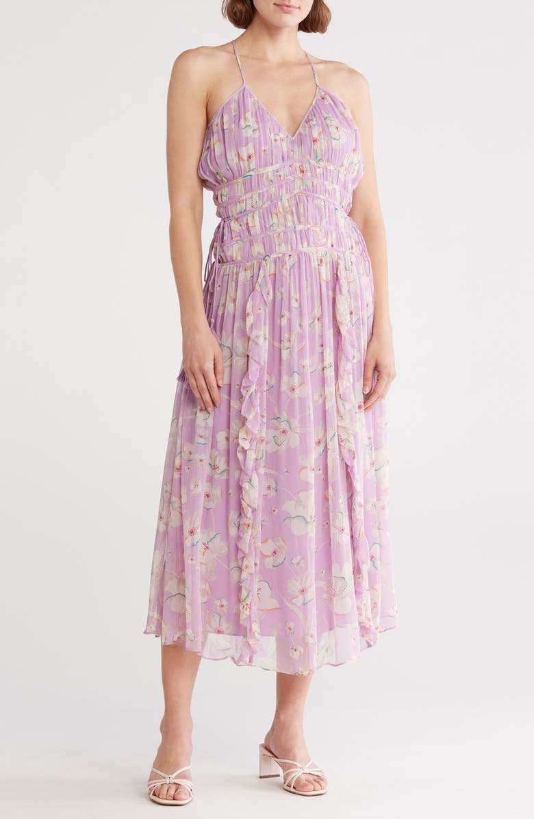 Joie Lyall Shirred Silk Gown, Main, color, Lavender Mist Multi