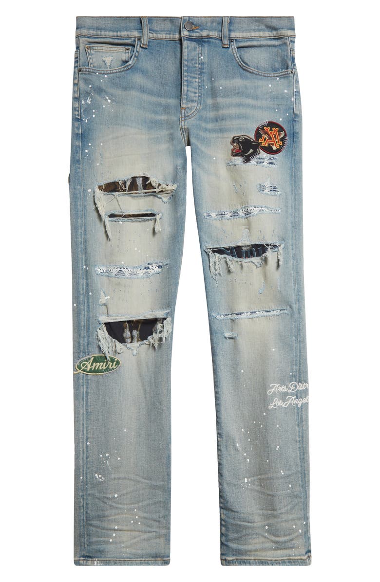 AMIRI MA Quad Rip & Repair Skinny Jeans, Main, color, Antique Indigo