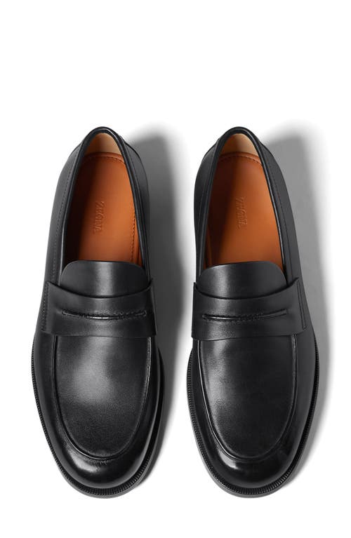 Zegna Black Natural Grain Leather Mocassin Loafer In Black