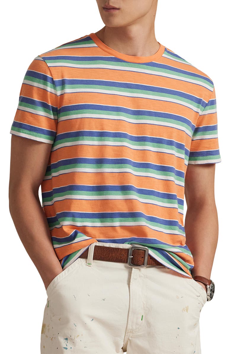 Polo Ralph Lauren Striped Standard Fit Cotton Jersey T-Shirt, Main, color, May Orange Multi