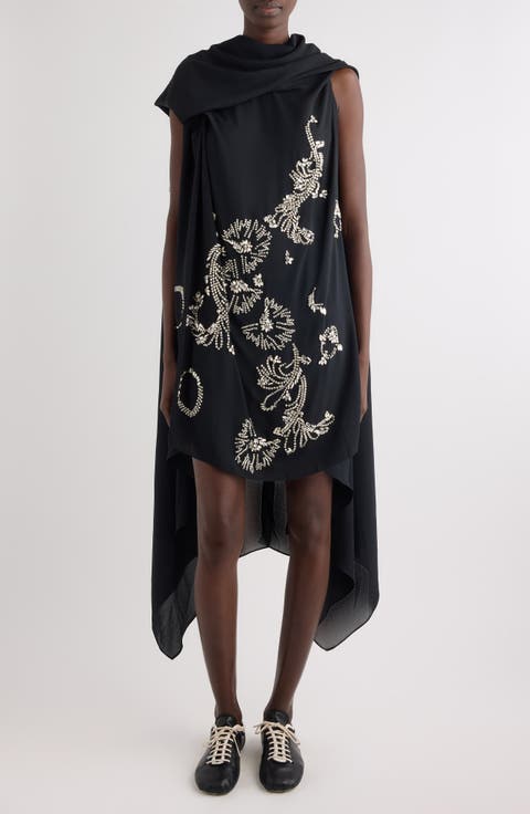 Crystal Embellished Draped Cape Dress