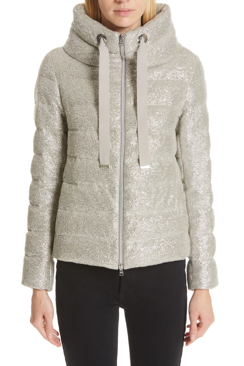 Pleat Back Quilted Down Sparkle Knit Jacket, Main, color, SILVER