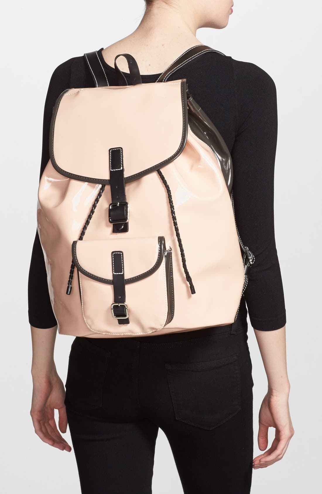 'Minjun' Faux Patent Leather Backpack, Alternate, color, BLUSH/ SLATE