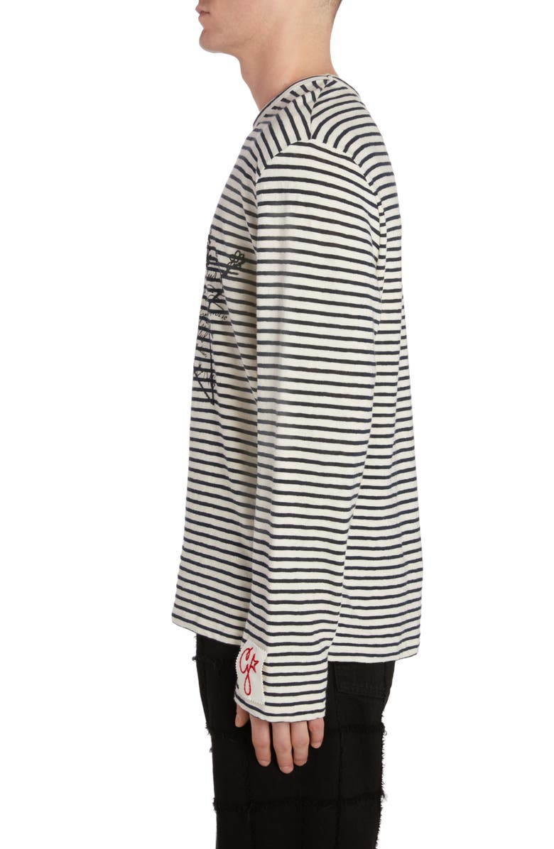 Golden Goose Embroidered Graffiti Stripe Cotton & Linen Long Sleeve T-Shirt, Alternate, color, Ecru/ Mazarine Blue