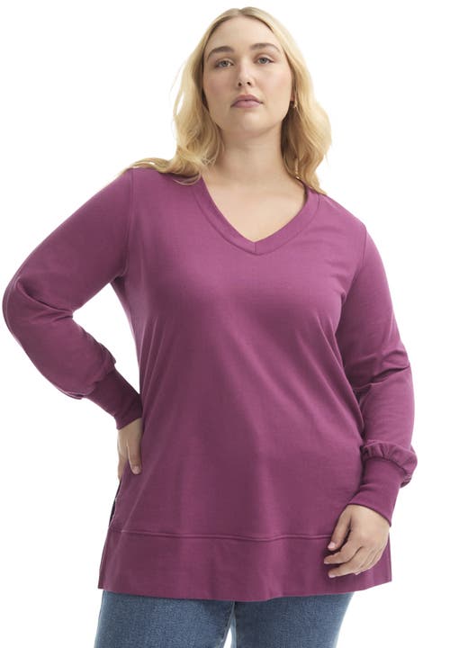 June + Vie V-neck French Terry Sweatshirt In Purple