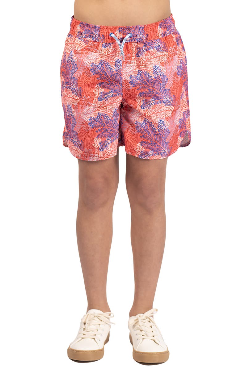 TailorByrd Kids' Leaves Print Swim Trunks, Main, color, Coral