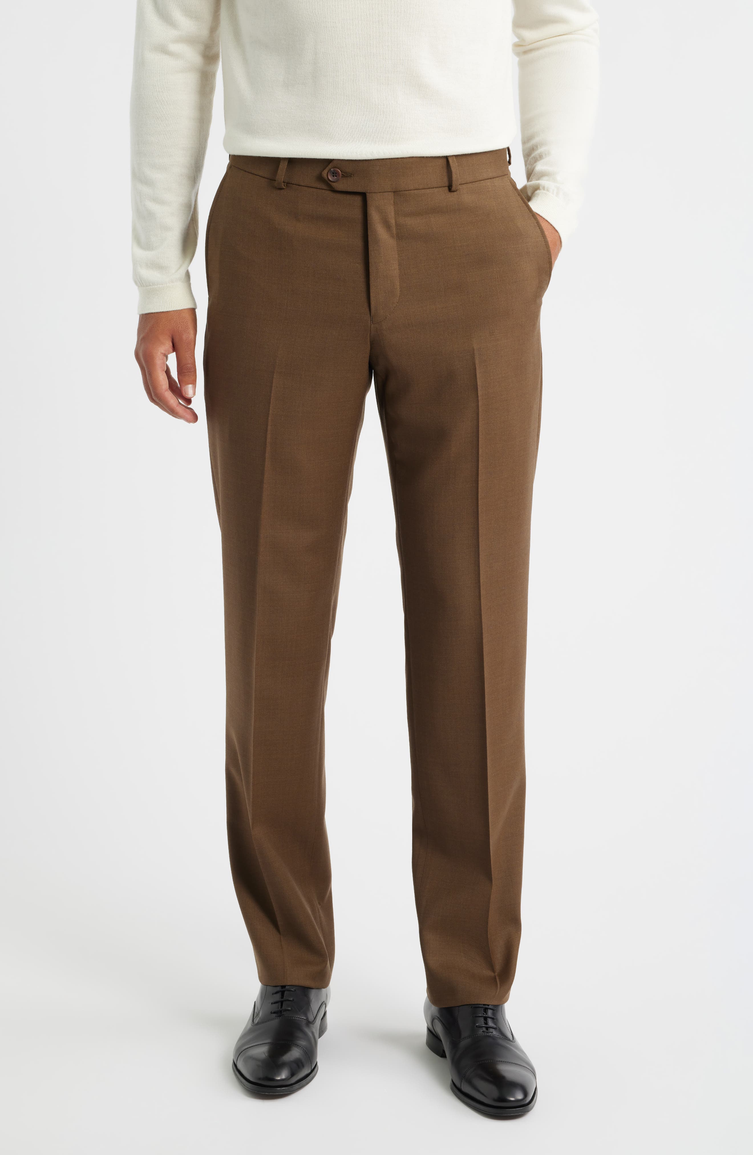 Flat Front Brown Super 120s Wool Dress Pants