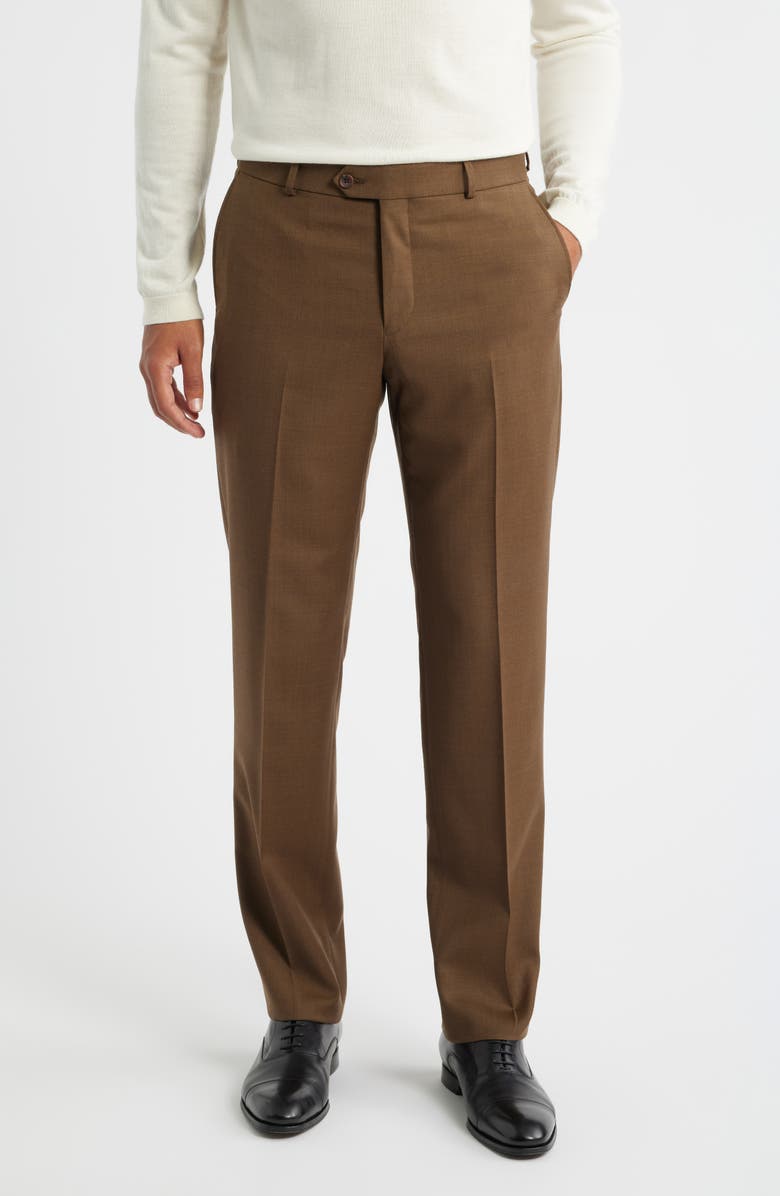Berle Flat Front Brown Super 120s Wool Dress Pants, Main, color, Tobacco