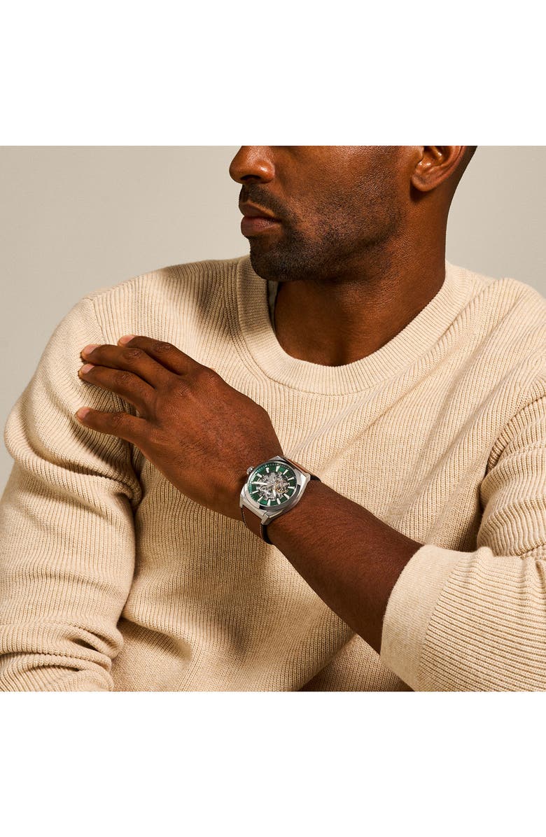 Fossil Everett Leather Strap Watch, 42mm, Alternate, color, Brown