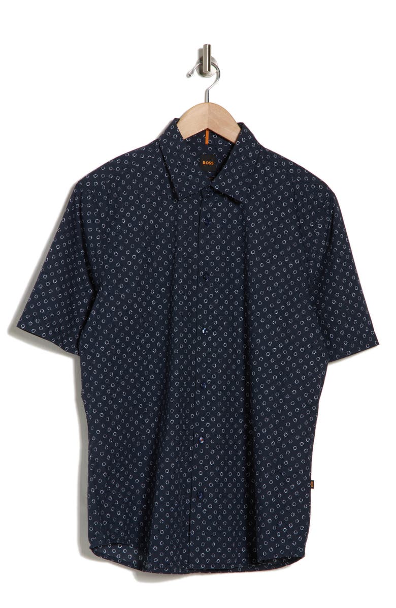 BOSS Rash Print Cotton Short Sleeve Button-Up Shirt, Alternate, color, Dark Blue
