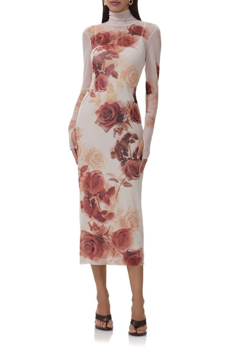 Shailene Print Long Sleeve Mesh Body-Con Midi Dress, Alternate, color, SEPIA ROSES